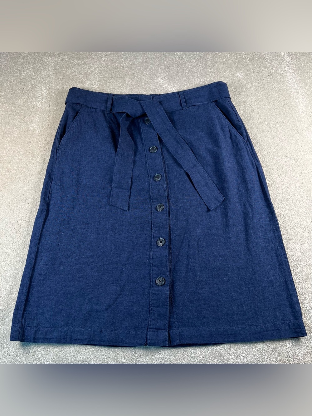 Liz Claiborne Skirt Blue Cotton Linen Button Front Lightweight Belted Women's 8